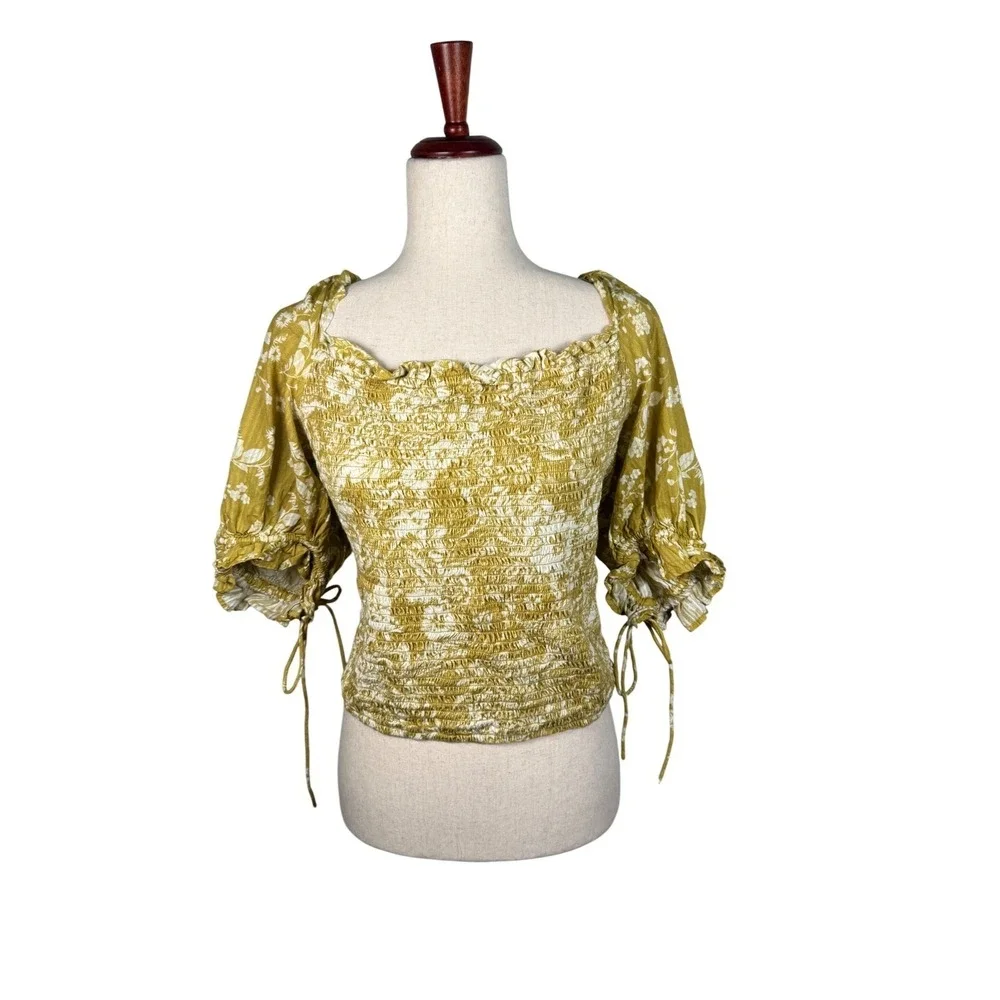 Anthropologie Floral Smocked Blouse Womens XL Yellow Cotton Boho Puff Sleeve Top